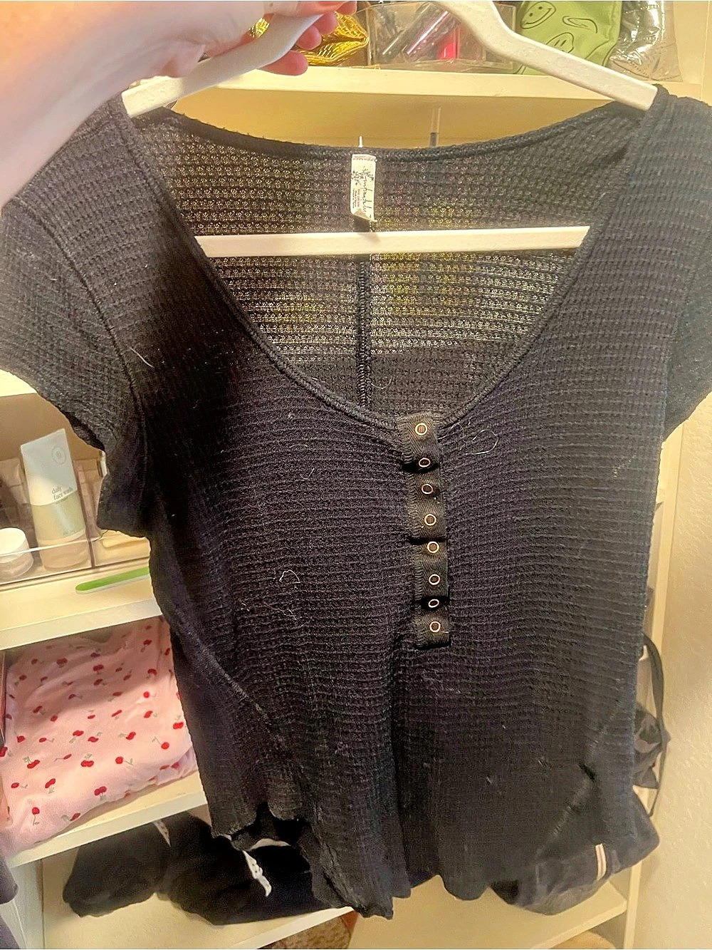 Free People Black Short Sleeve Henley Top